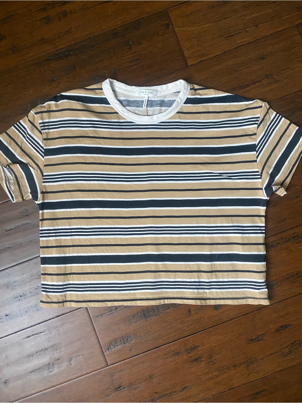 rag & bone Striped Crop Tee in Beige, Navy & White